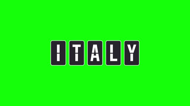 Flipboard animation revealing the travel destination Italy. Mechanical split-flap display letters turn to spell the country name. Airport or train station style sign with a transparent alpha channel.