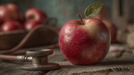 A Vibrant Red Apple Beside a Vintage Stethoscope