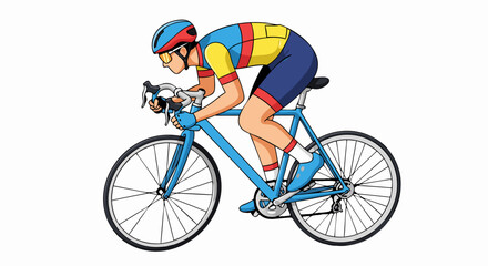 Naklejka premium Dynamic cycling action captured: a focused cyclist on a light blue bicycle pedals forward with determination against a pristine white backdrop