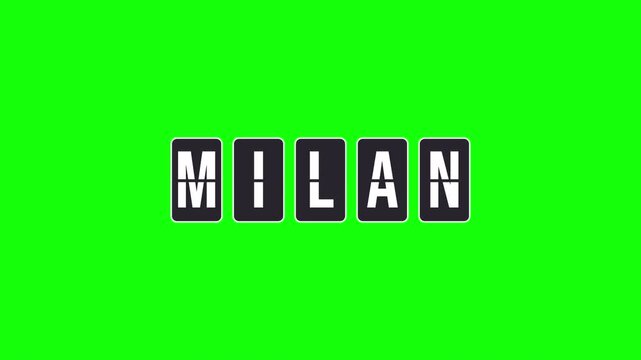 Milan destination name appears on a spinning flipboard animation. Airport-style travel schedule or flight information display forming the word. Video with transparent background, alpha channel.