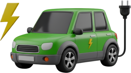 Green electric car with lightning symbol and charging plug isolated on black EV green energy lightning bolt transparent background