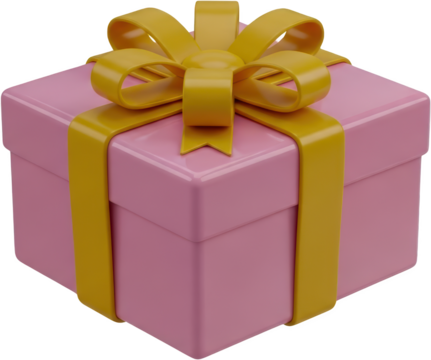 Pink gift box tied with a yellow ribbon and bow isolated on black present wrapped surprise birthday celebration transparent background