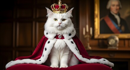 A majestic white cat wearing a golden crown and a red royal ermine-trimmed cape, seated regally in a grand room.