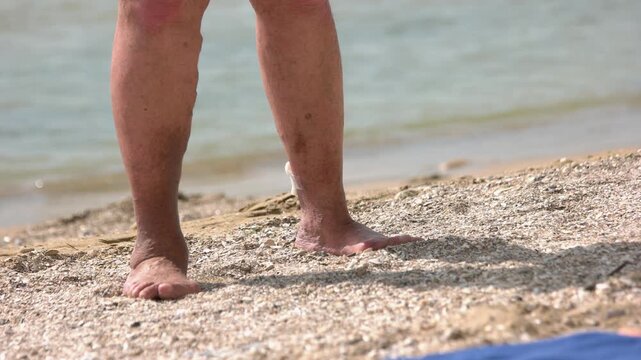 Close up legs of retired old lady with obese and varicose. Granny with overweight.