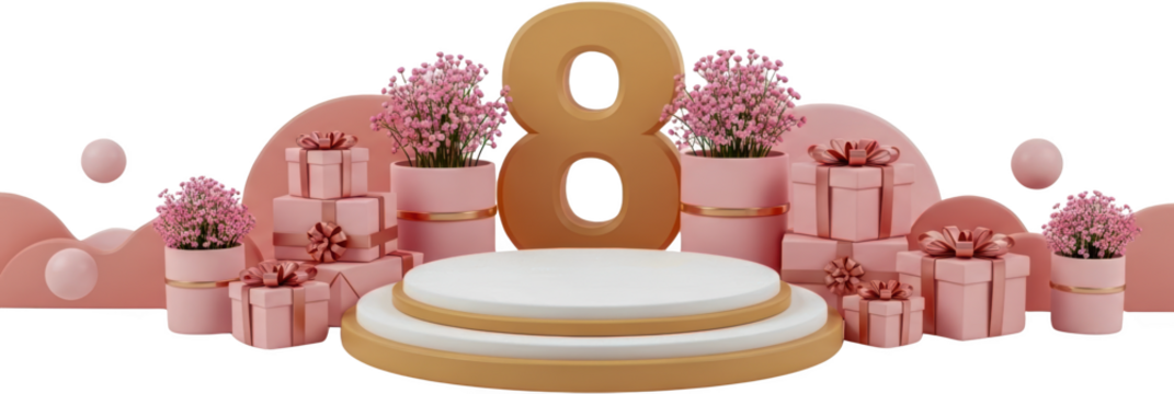 Festive scene with pink gifts flowers in pots podium and large number 8 isolate celebration present birthday