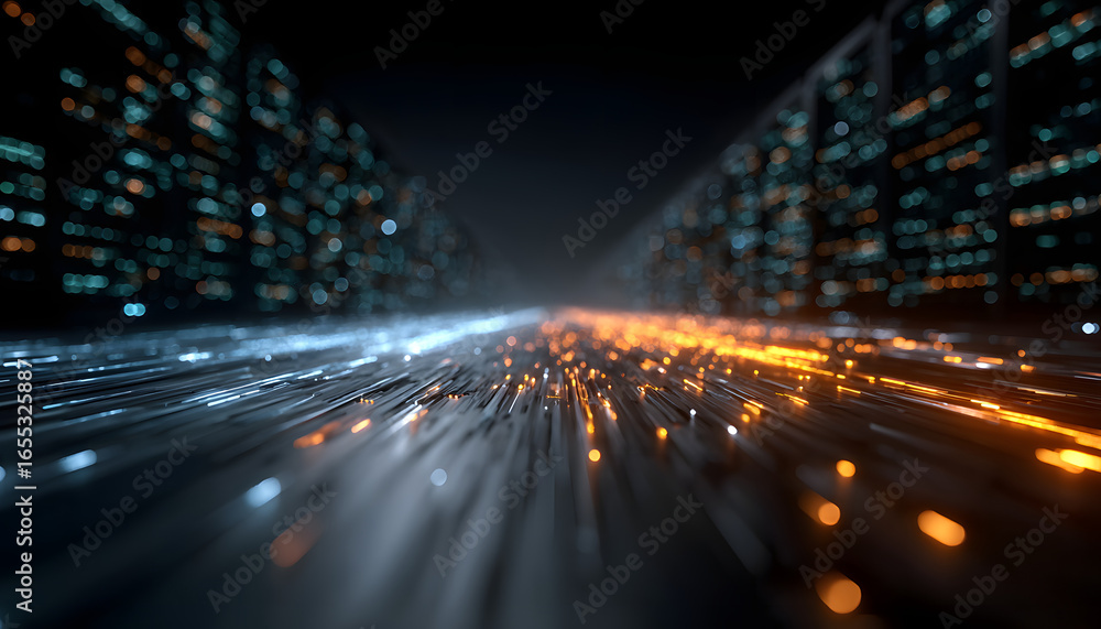 Poster modern data center illuminated by glowing blue, green lights. dynamic data streams flow with orange,