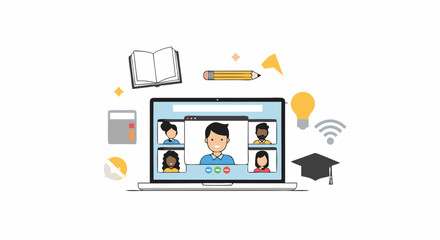 Virtual classroom platform with diverse students connecting online for collaborative education and knowledge sharing session
