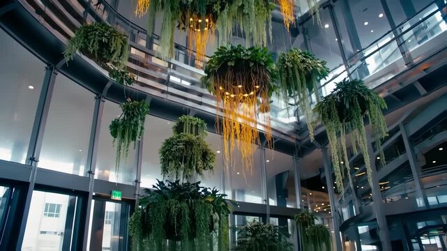 Modern indoor atrium with hanging plants