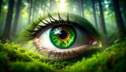 Fototapeta premium A vibrant green eye, seemingly emerging from a lush forest floor, captivates the viewer with its intricate details and captivating hues.