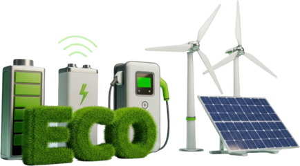 Eco friendly energy sources including batteries charging station wind turbines and solar panel isolate
