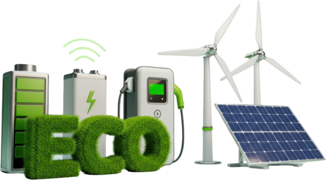 Eco friendly energy sources including batteries charging station wind turbines and solar panel isolate