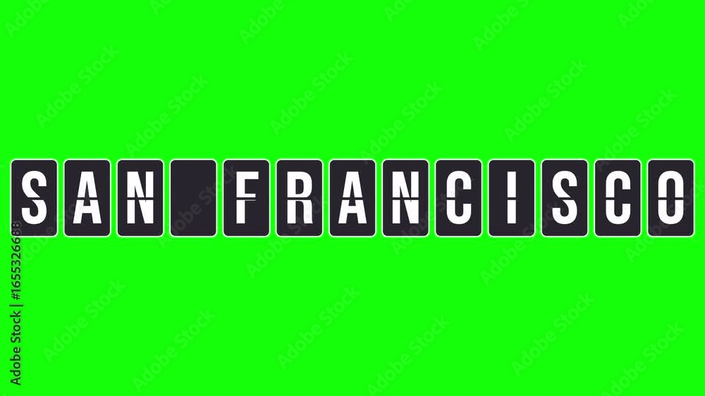 Poster san francisco destination name appears on a spinning flipboard. airport-style schedule display anima