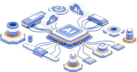 Central AI unit connected by cables to surrounding data storage devices and cloud icons Artificial Intelligence transparent background