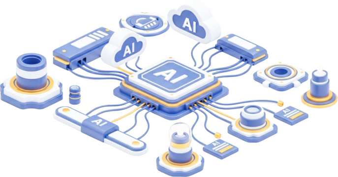 Central AI unit connected by cables to surrounding data storage devices and cloud icons Artificial Intelligence transparent background
