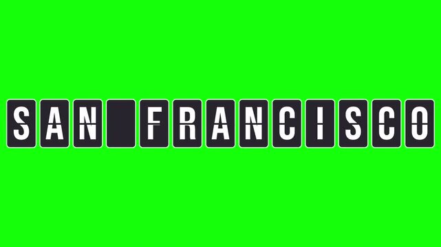 San Francisco destination name appears on a spinning flipboard. Airport-style schedule display animation with rotating letters forming the city name. Video with transparent background, alpha channel.