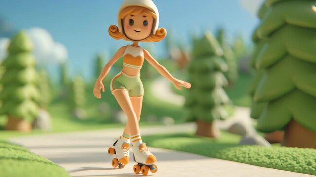 Women in sport concept, Colorful cartoon girl roller skating in a scenic park setting.