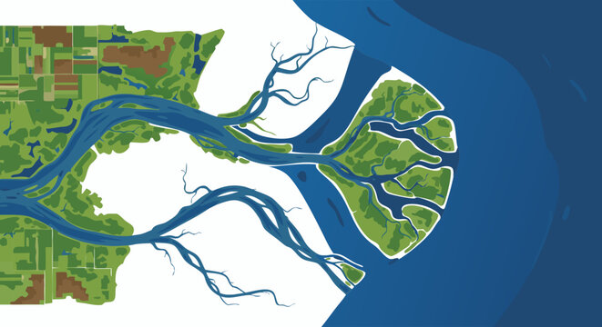 Vectorial aerial landscape showcases braided river system flowing through verdant terrains and emptying into a vast body of water