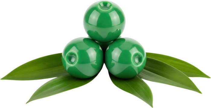 Three glossy green spheres stacked on fresh green leaves isolate balls foliage transparent background