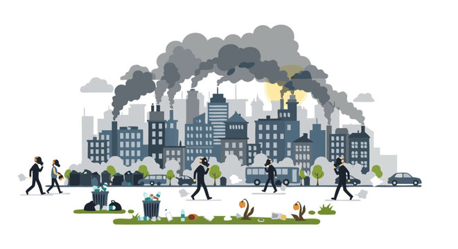 Environmental pollution in urban areas represented by smog and urban waste in city sceneries, global warming vector illustration showing pollution