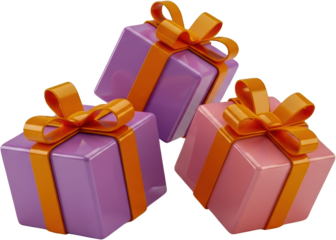 Three colorful gift boxes with orange ribbon bows isolate present birthday celebration holiday surprise