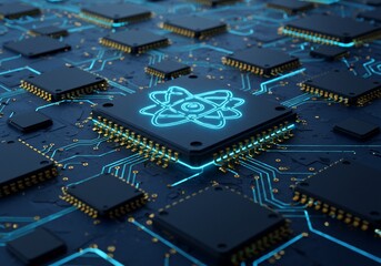 Glowing Atom Symbol on Central Microchip Amidst Circuitry Network