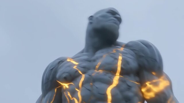 Close-up of a muscular figure's torso and arms.  Cracks and fissures run vertically across the chest and biceps, highlighted by glowing, golden lines.  The figure appears sculpted and powerful