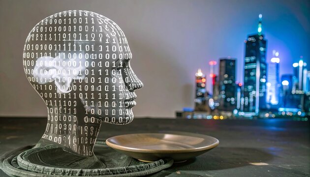 A digital rendering of a human head, its surface encoded with binary code, set against a blurred cityscape at night.