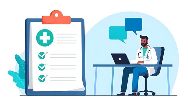 Next to the doctor is a list with marked answers. Illustartion graphics in flat design style. There is a speech bubble next to the character and laptop. - Powered by Adobe