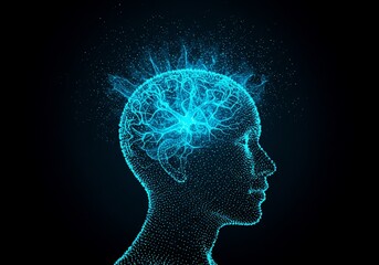 Glowing Cyan Brain Energy Abstract Head Profile