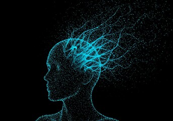 Obraz premium Glowing Cyan Particle Head Profile with Brainstorming Effect on Black Background