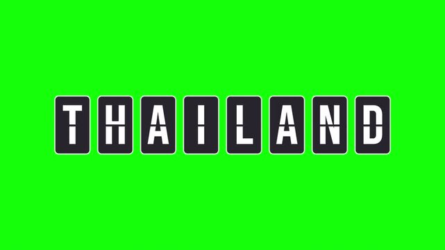Animation of a mechanical flipboard, like an airport departure sign, rotating to form the destination name Thailand. Video with transparent background, alpha channel, for travel and tourism concepts.