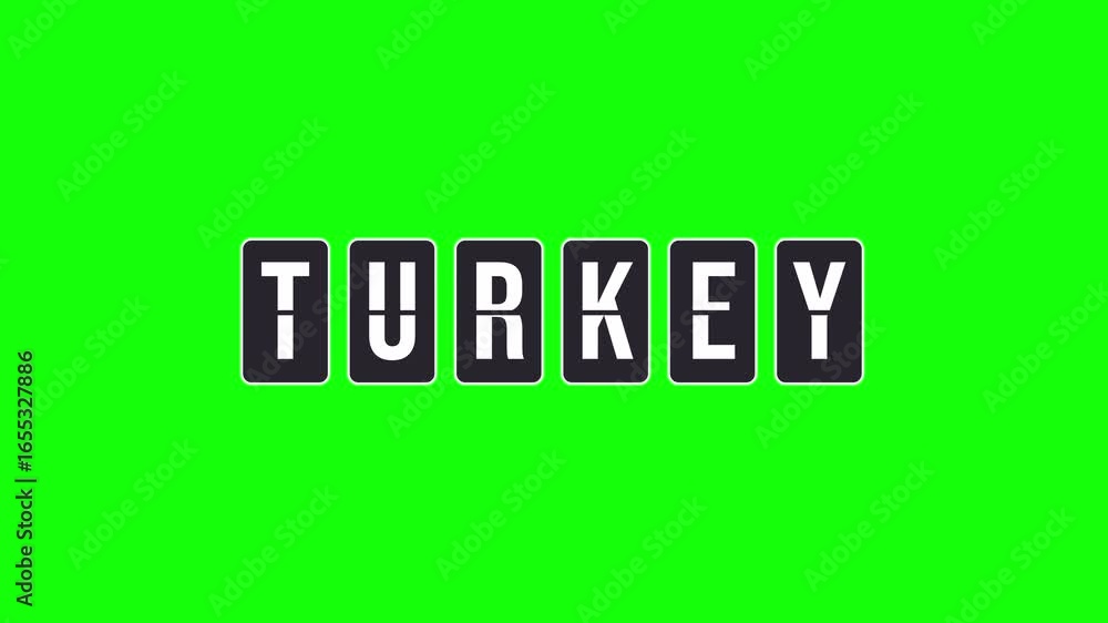 Poster turkey destination name text animation. spinning flipboard or split-flap display turning to form the