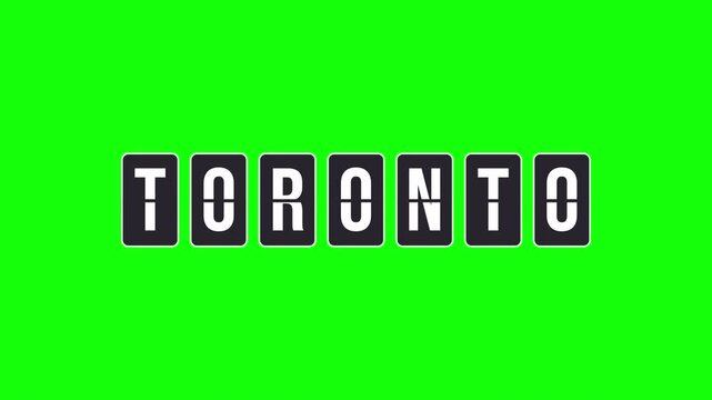 Toronto flipboard animation. Airport-style split-flap display with spinning letters forming the city name. Concept of travel, destination, and tourism. Isolated on a transparent background, alpha.