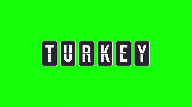 Turkey destination name text animation. Spinning flipboard or split-flap display turning to form the word. Airport or train station arrival and departure sign. Alpha channel, transparent background.