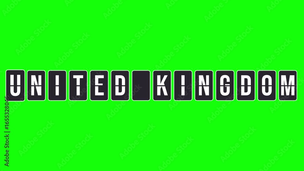 Poster airport-style flipboard animation with spinning letters forming the destination name united kingdom.