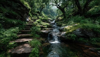 Naklejka premium Enchanting forest trail with cascading stream and stone steps landscape view