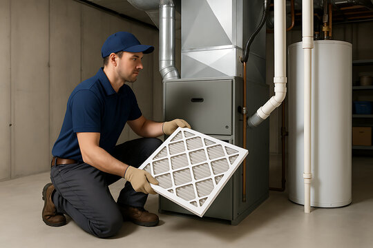 furnace filter air. A technician is replacing a furnace filter in a basement, demonstrating proper maintenance for heating systems.