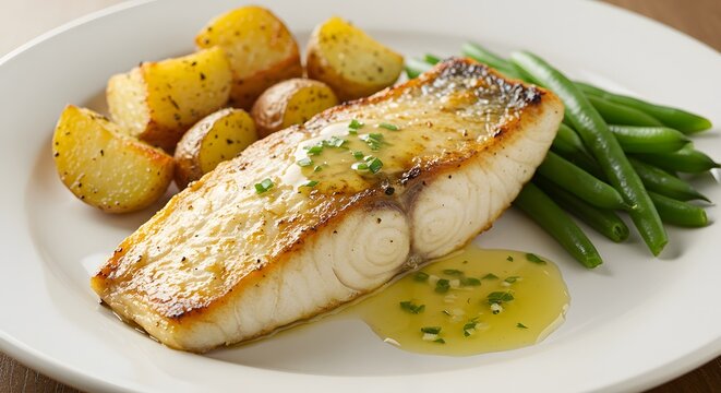 "Gegrilltes Barramundi-Filet mit Gem&uuml;se und Zitrone serviert"