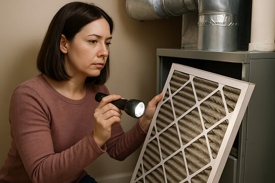 furnace filter air. A woman examines a dirty air filter with a flashlight, highlighting the importance of regular maintenance in home air quality.