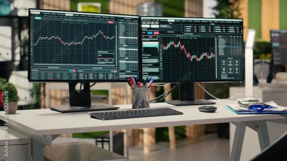 Poster stock exchange metrics charts displayed on computer screens in investment firm office. workstation i