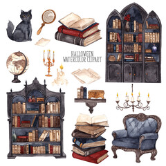 Hand draw watercolor clipart. Dark library, castle, candle, books and scary pumpkins, isolated on white background