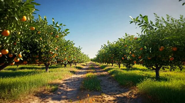 Sunlit Orchard Path: Rows of Orange Trees