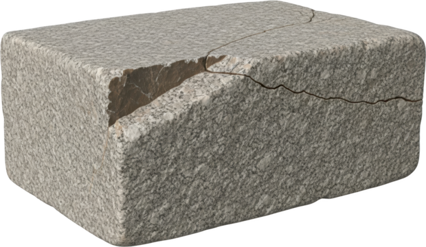 Cracked granite block with rough texture and detailed internal fracture isolate stone fractured material