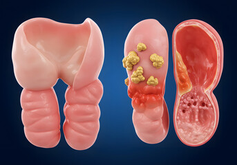 Large intestine anatomy with inflammation and polyps