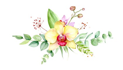 A vibrant watercolor arrangement of orchids, eucalyptus, and botanical accents, showcasing a cheerful and delicate floral composition.