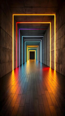 Fototapeta premium A long corridor with concrete walls and a wooden floor, illuminated by a series of colorful, rectangular neon lights.
