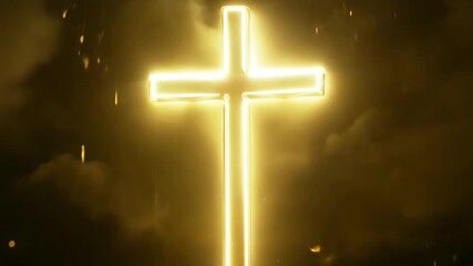Glowing neon cross in dark cloudy background with golden light and particles for spiritual faith, Christianity and religious symbolism - Powered by Adobe