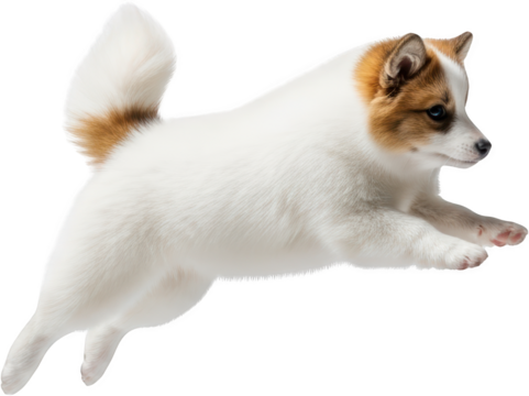 Energetic white and brown puppy mid leap showcasing a playful pose and fluffy tail isolate dog animal