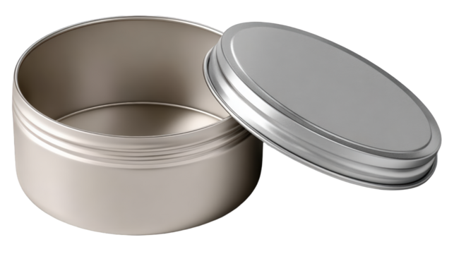 Open Silver Metal Tin Container with Detached Lid Angled View. - Powered by Adobe