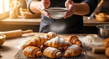 Baker’s hands dusting powdered sugar over pastries, dramatic close-up food photography with cinematic lighting for artisan bakery promotion